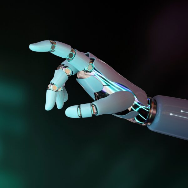 Robot hand finger pointing, AI technology background